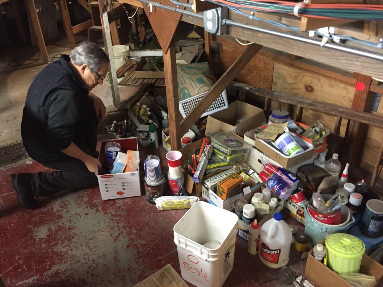 Jeff Heller sorting scenery supplies. Sat 21Jan17 workday. - 3